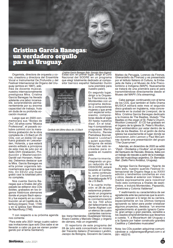 Imagen de Revista Sinfónica, con foto de Cristina en la portada, 2021